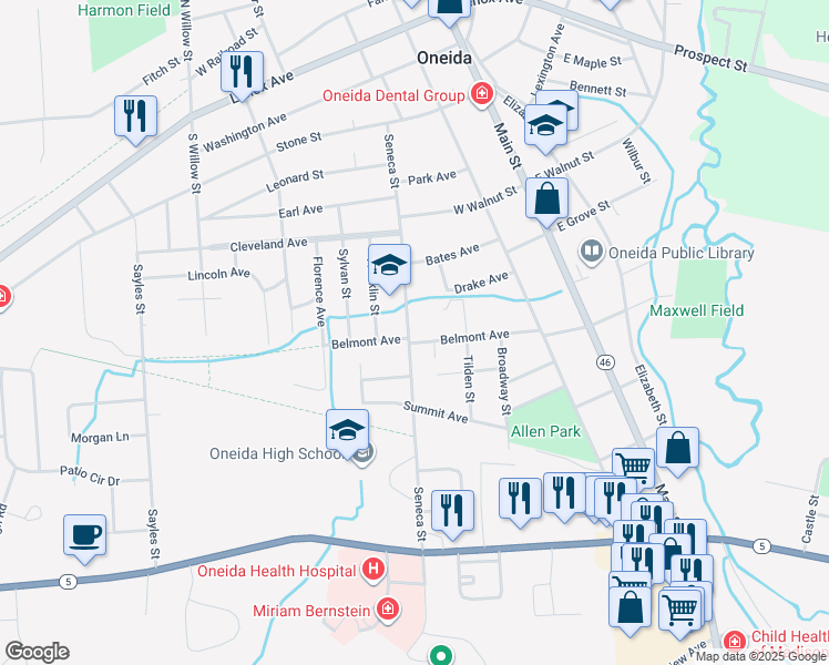 map of restaurants, bars, coffee shops, grocery stores, and more near 280 Belmont Ave in Oneida