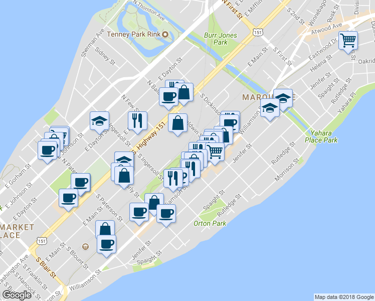 map of restaurants, bars, coffee shops, grocery stores, and more near 209 South Few Street in Madison