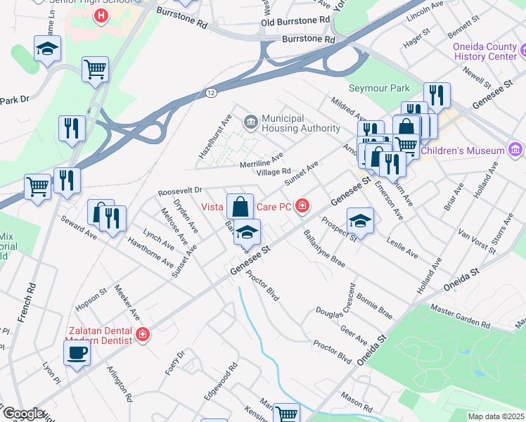 map of restaurants, bars, coffee shops, grocery stores, and more near 2225 Sunset Ave in Utica