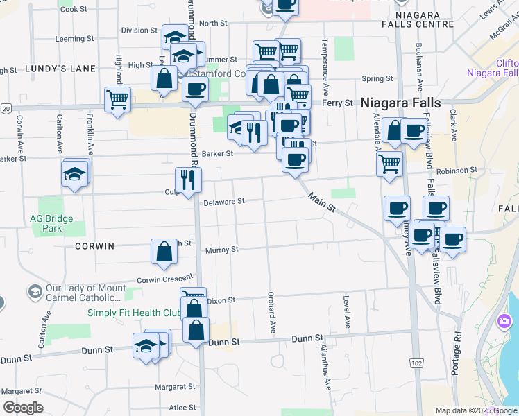 map of restaurants, bars, coffee shops, grocery stores, and more near 6217 Orchard Avenue in Niagara Falls