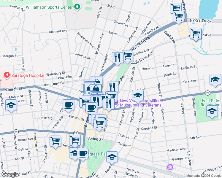map of restaurants, bars, coffee shops, grocery stores, and more near 1 York Street in Saratoga Springs