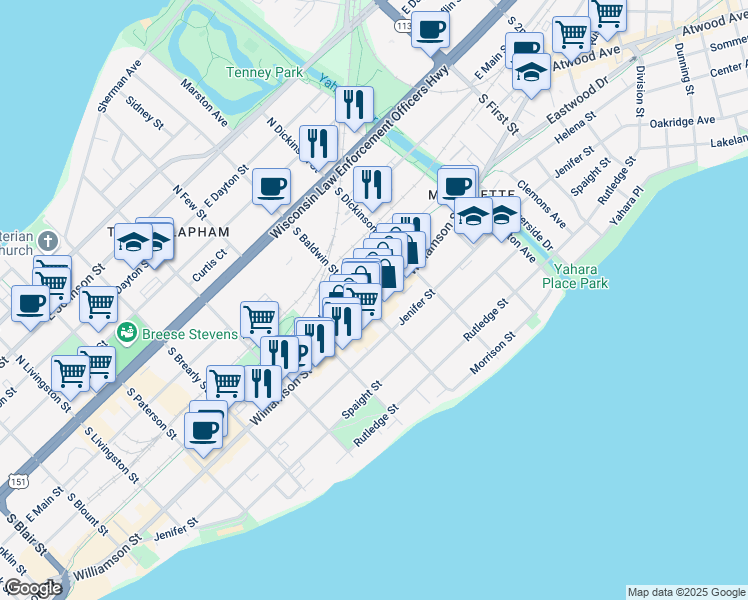 map of restaurants, bars, coffee shops, grocery stores, and more near 1314 Williamson Street in Madison