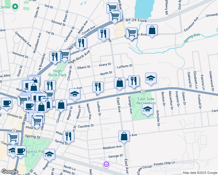 map of restaurants, bars, coffee shops, grocery stores, and more near 144 Middle Avenue in Saratoga Springs