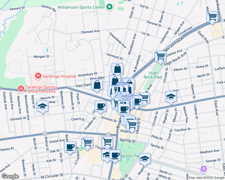 map of restaurants, bars, coffee shops, grocery stores, and more near 37 Woodlawn Avenue in Saratoga Springs