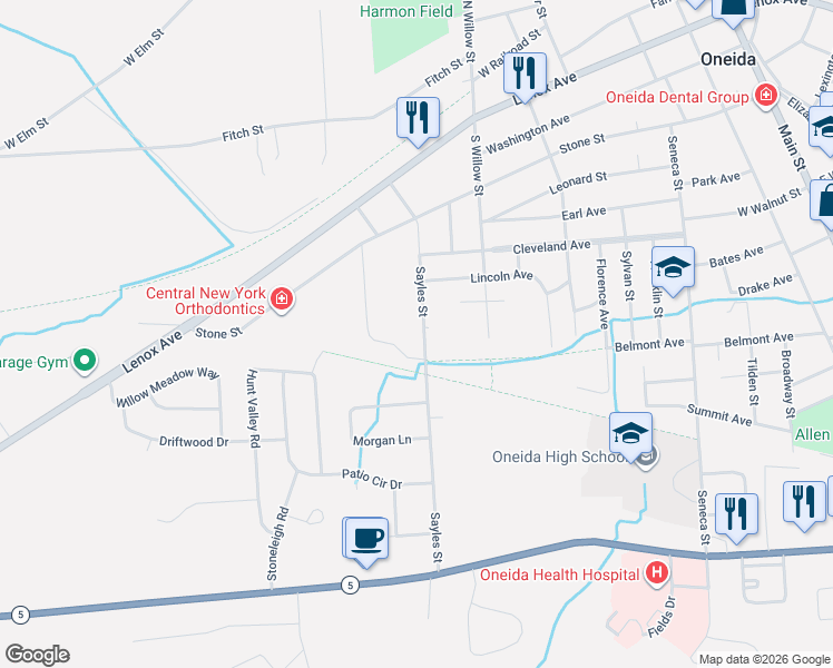 map of restaurants, bars, coffee shops, grocery stores, and more near 458 Sayles Street in Oneida