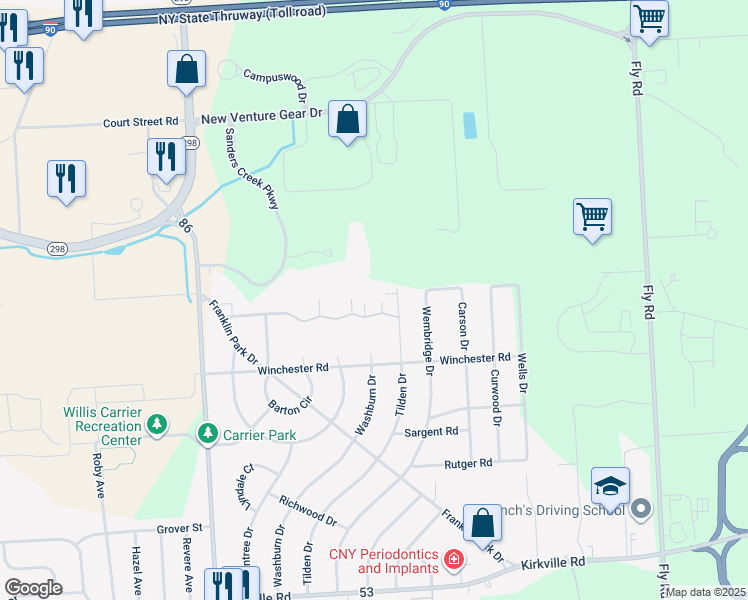 map of restaurants, bars, coffee shops, grocery stores, and more near 407 Deerfield Road in East Syracuse
