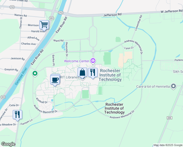 map of restaurants, bars, coffee shops, grocery stores, and more near 82 Lomb Memorial Drive in Rochester