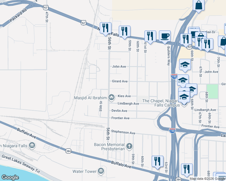 map of restaurants, bars, coffee shops, grocery stores, and more near 5622 Kies Avenue in Niagara Falls