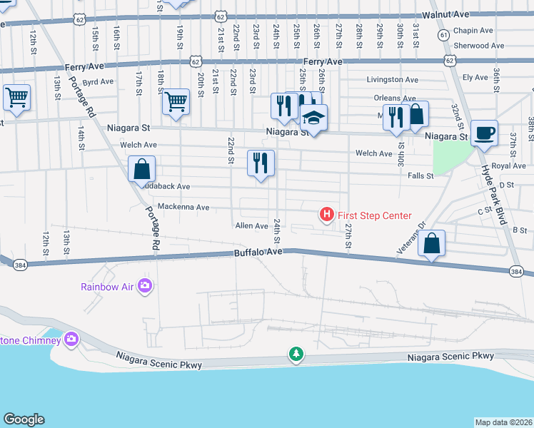 map of restaurants, bars, coffee shops, grocery stores, and more near 124 24th Street in Niagara Falls