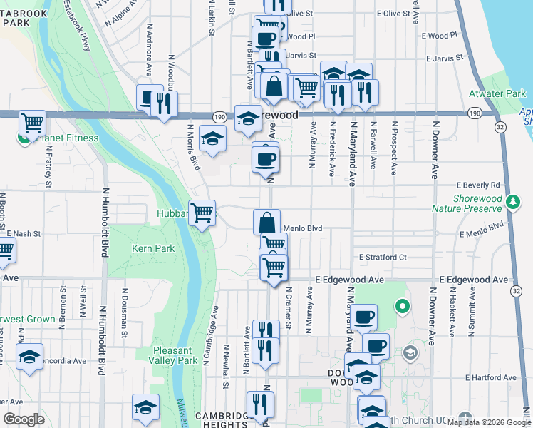 map of restaurants, bars, coffee shops, grocery stores, and more near 3601 North Oakland Avenue in Shorewood