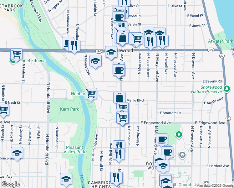 map of restaurants, bars, coffee shops, grocery stores, and more near 3601 North Oakland Avenue in Shorewood