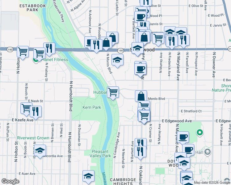 map of restaurants, bars, coffee shops, grocery stores, and more near 3621 North Morris Boulevard in Shorewood