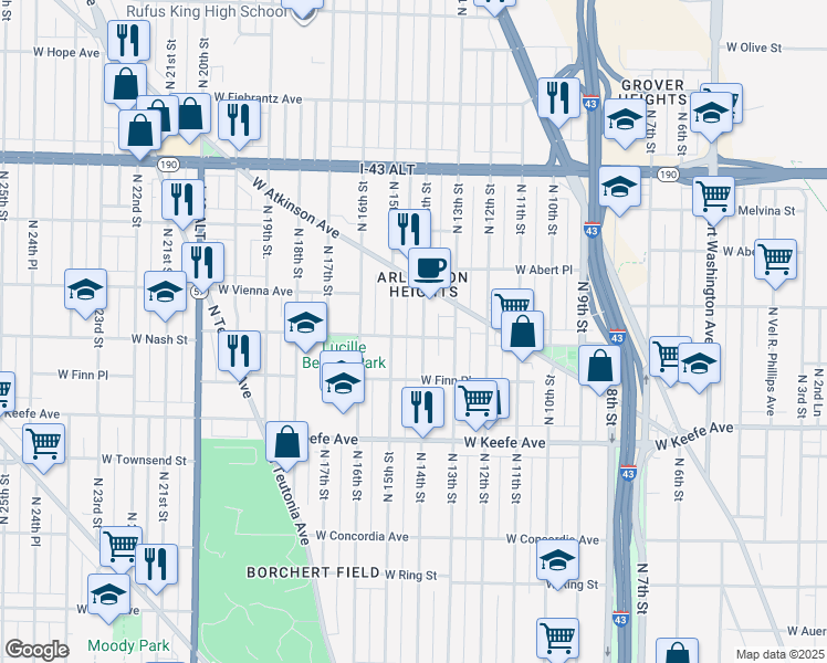 map of restaurants, bars, coffee shops, grocery stores, and more near 1403 West Nash Street in Milwaukee