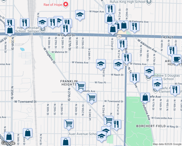 map of restaurants, bars, coffee shops, grocery stores, and more near 3634 North 24th Place in Milwaukee