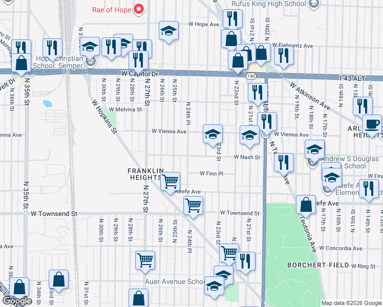map of restaurants, bars, coffee shops, grocery stores, and more near 3634 North 24th Place in Milwaukee
