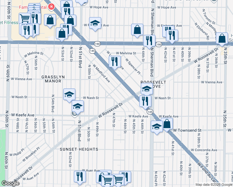 map of restaurants, bars, coffee shops, grocery stores, and more near 4696 West Scranton Place in Milwaukee