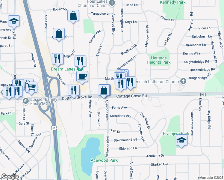 map of restaurants, bars, coffee shops, grocery stores, and more near in Madison