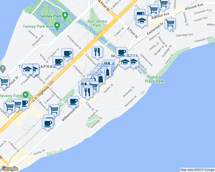 map of restaurants, bars, coffee shops, grocery stores, and more near 1316 Jenifer Street in Madison