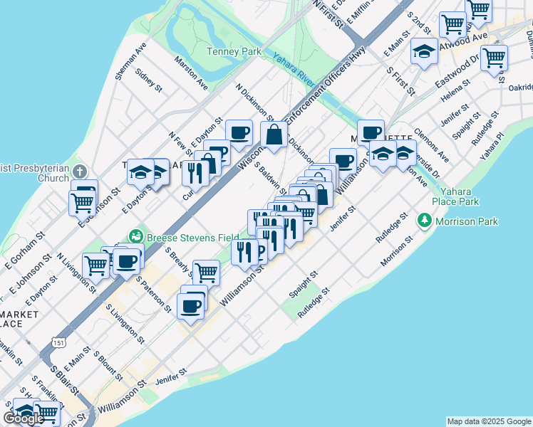 map of restaurants, bars, coffee shops, grocery stores, and more near 209 South Few Street in Madison