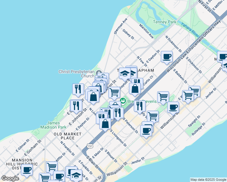 map of restaurants, bars, coffee shops, grocery stores, and more near 930 East Dayton Street in Madison