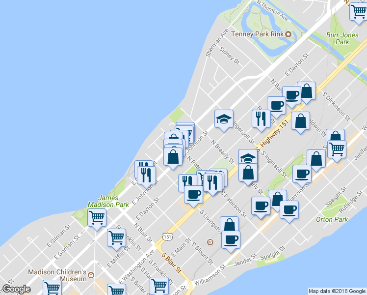 map of restaurants, bars, coffee shops, grocery stores, and more near 901 East Johnson Street in Madison