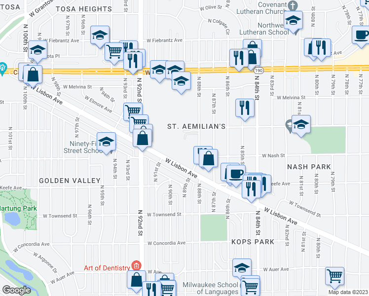 map of restaurants, bars, coffee shops, grocery stores, and more near 9002 West Lisbon Avenue in Milwaukee