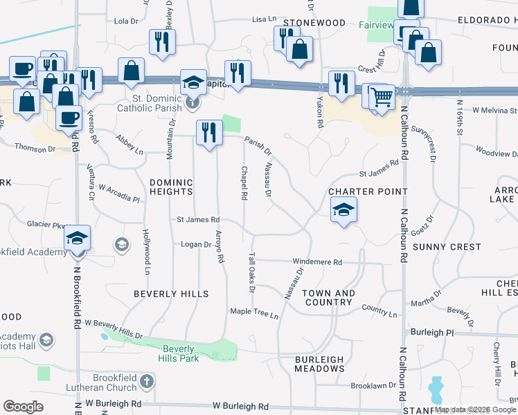map of restaurants, bars, coffee shops, grocery stores, and more near 17855 Captains Court in Brookfield