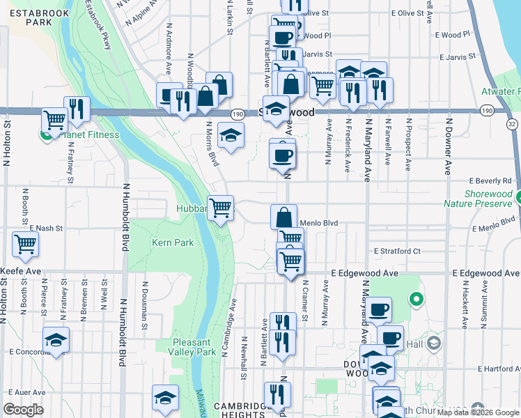 map of restaurants, bars, coffee shops, grocery stores, and more near 1606 East Menlo Boulevard in Shorewood