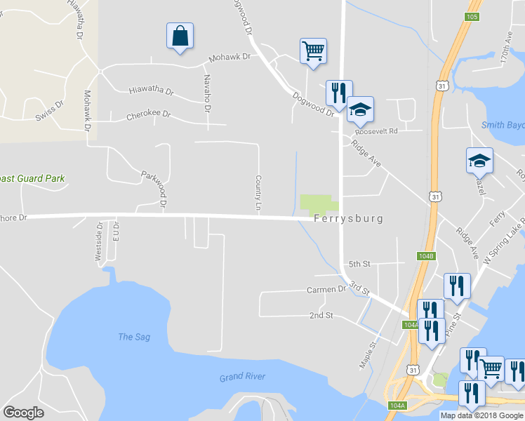 map of restaurants, bars, coffee shops, grocery stores, and more near 17609 North Shore Drive in Spring Lake
