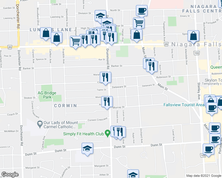 map of restaurants, bars, coffee shops, grocery stores, and more near 6198 Delaware Street in Niagara Falls
