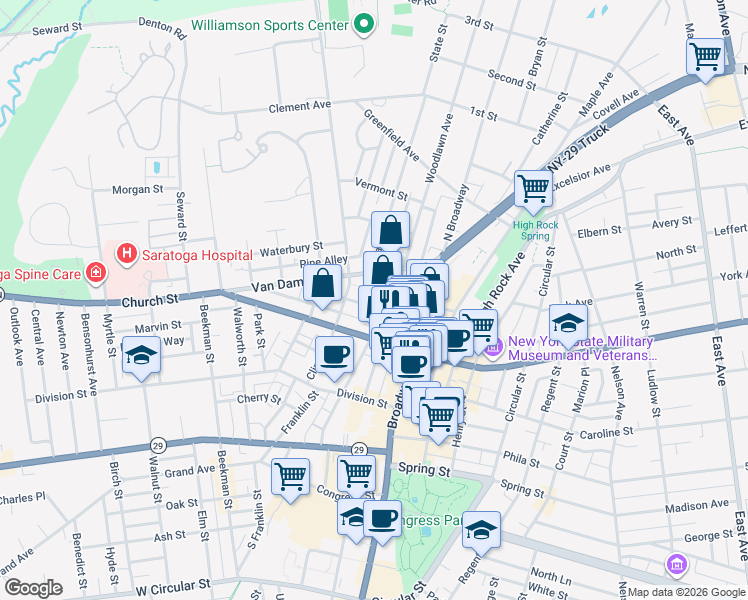 map of restaurants, bars, coffee shops, grocery stores, and more near 37 Woodlawn Avenue in Saratoga Springs