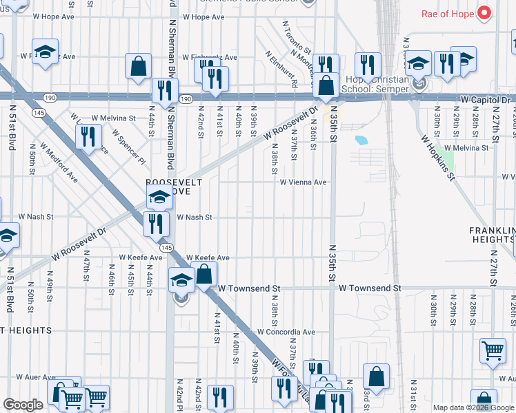 map of restaurants, bars, coffee shops, grocery stores, and more near 3832 West Nash Street in Milwaukee