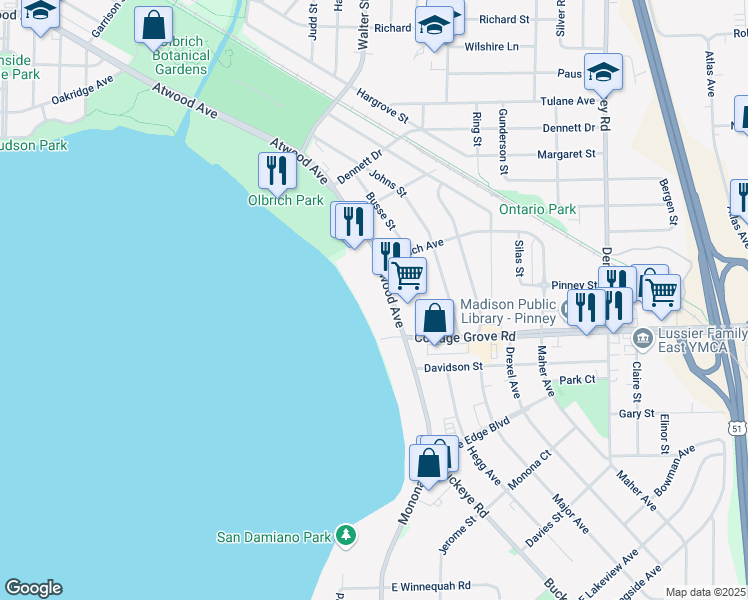 map of restaurants, bars, coffee shops, grocery stores, and more near 3825 Monona Drive in Monona