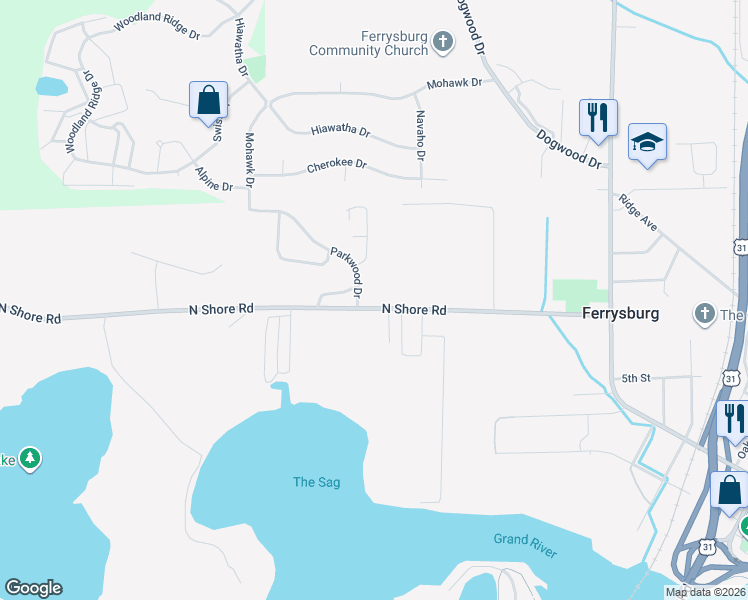 map of restaurants, bars, coffee shops, grocery stores, and more near 17838 North Shore Drive in Spring Lake