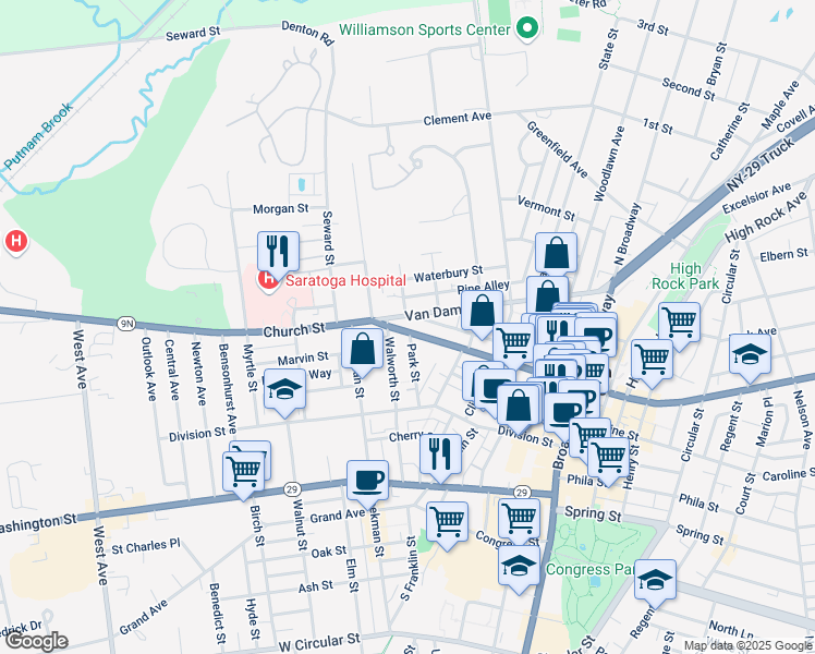 map of restaurants, bars, coffee shops, grocery stores, and more near 135 Church Street in Saratoga Springs