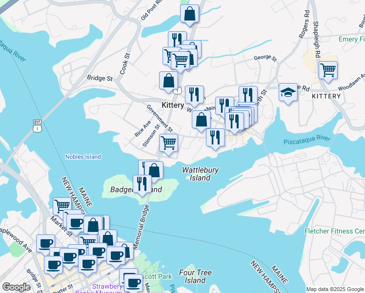 map of restaurants, bars, coffee shops, grocery stores, and more near 11 Pleasant Street in Kittery