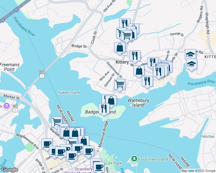 map of restaurants, bars, coffee shops, grocery stores, and more near 8 Water Street in Kittery
