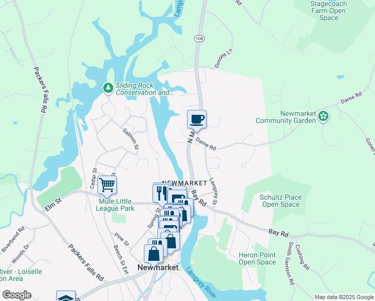 map of restaurants, bars, coffee shops, grocery stores, and more near 32 North Main Street in Newmarket