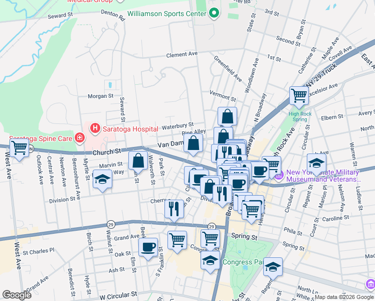 map of restaurants, bars, coffee shops, grocery stores, and more near 25 Lawrence Street in Saratoga Springs