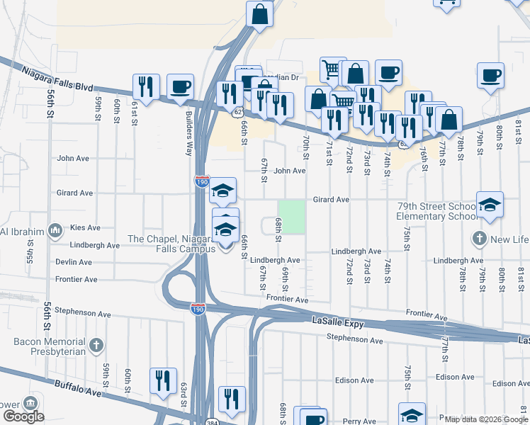 map of restaurants, bars, coffee shops, grocery stores, and more near 48 Kies Court in Niagara Falls