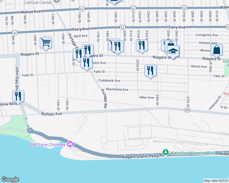 map of restaurants, bars, coffee shops, grocery stores, and more near 139 18th Street in Niagara Falls