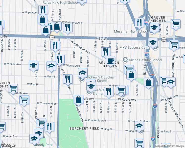 map of restaurants, bars, coffee shops, grocery stores, and more near 1702 West Nash Street in Milwaukee