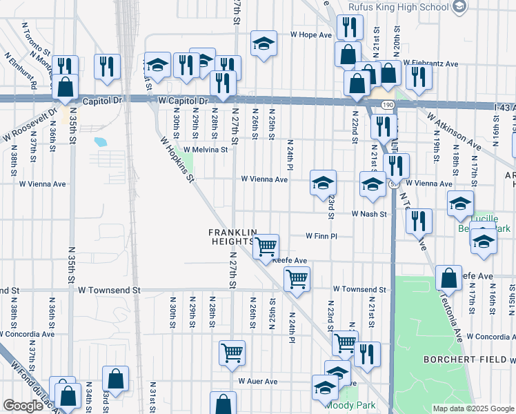 map of restaurants, bars, coffee shops, grocery stores, and more near 3639 North 25th Street in Milwaukee