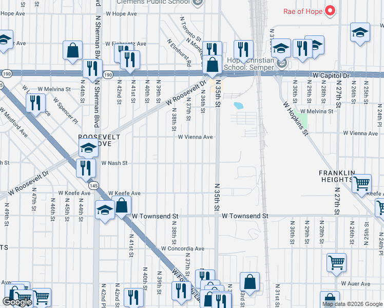 map of restaurants, bars, coffee shops, grocery stores, and more near 3701 North 37th Street in Milwaukee