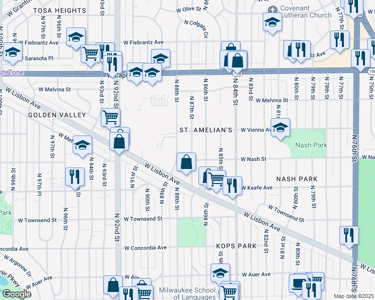 map of restaurants, bars, coffee shops, grocery stores, and more near 3709 North 87th Street in Milwaukee