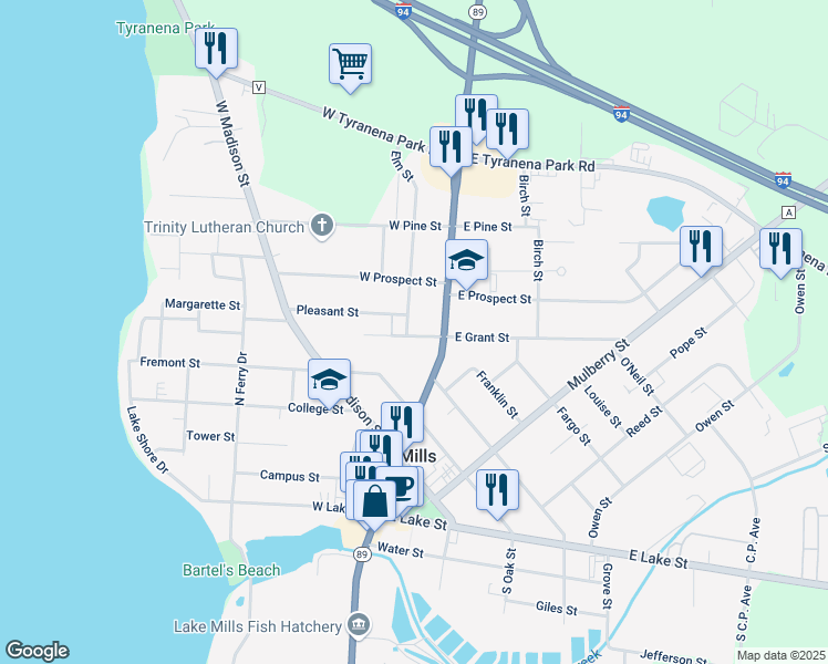 map of restaurants, bars, coffee shops, grocery stores, and more near 112 West Grant Street in Lake Mills
