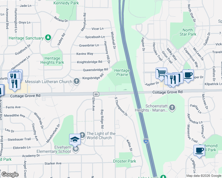 map of restaurants, bars, coffee shops, grocery stores, and more near 30 Eldon Court in Madison