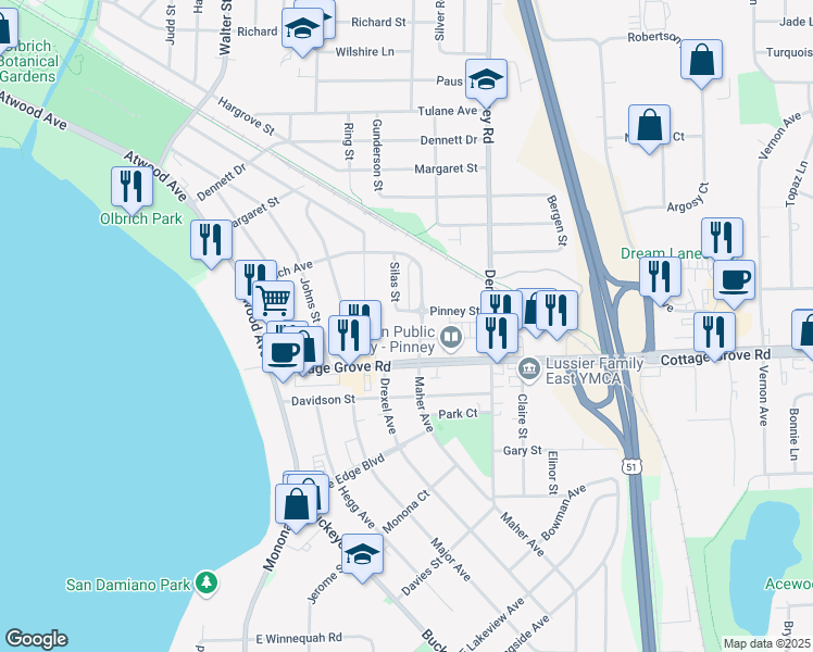 map of restaurants, bars, coffee shops, grocery stores, and more near 510 Cottage Grove Road in Madison