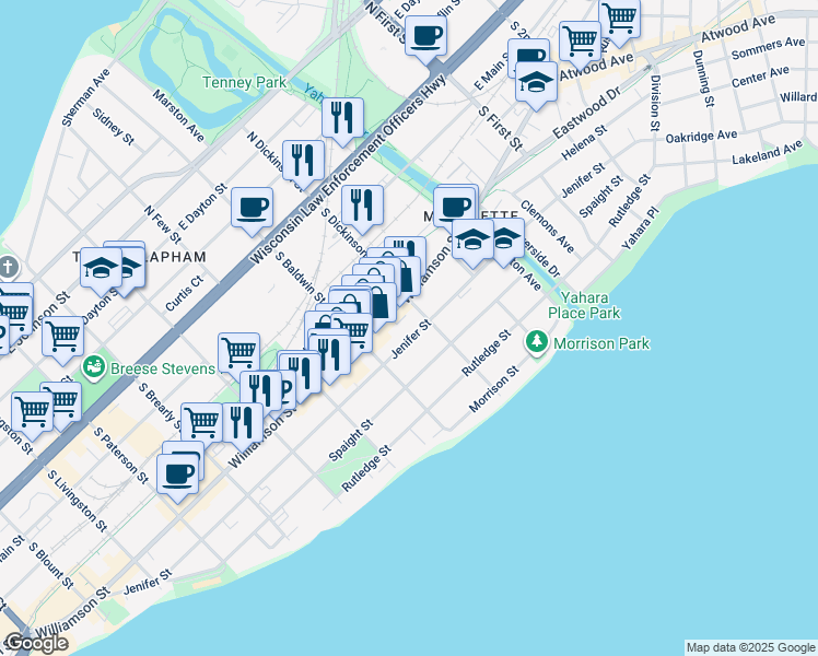 map of restaurants, bars, coffee shops, grocery stores, and more near 1316 Jenifer Street in Madison
