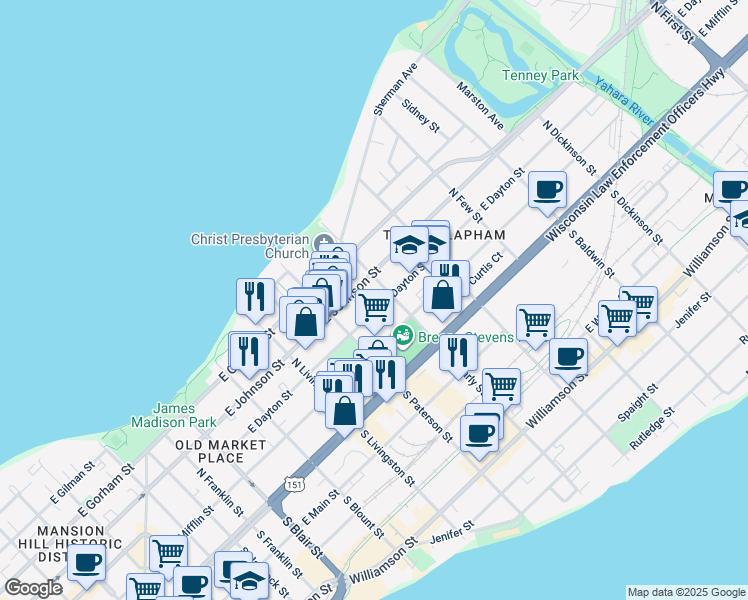 map of restaurants, bars, coffee shops, grocery stores, and more near 930 East Dayton Street in Madison